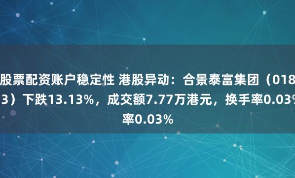 股票配资账户稳定性 港股异动：合景泰富集团（01813）下跌13.13%，成交额7.77万港元，换手率0.03%